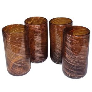 4 Murano 6.25" Amber Gold Aventurine Swirl Tumblers Drinking Glasses Art Glass